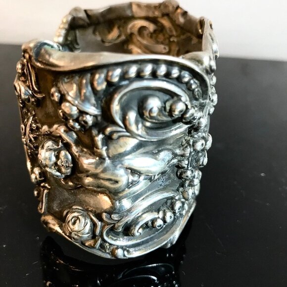 Antique Tiffany Cir.19th C Sterling Silver Cuff Bracelet Cherub Putti 925 Rare - Picture 7 of 13